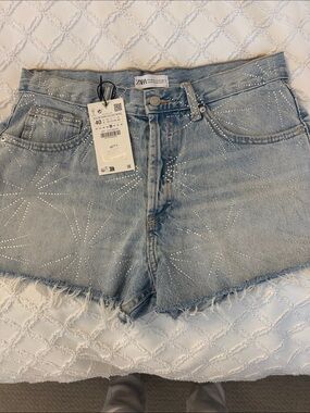 Zara Light Blue Denim Shorts with Sparkle Stud Detailing